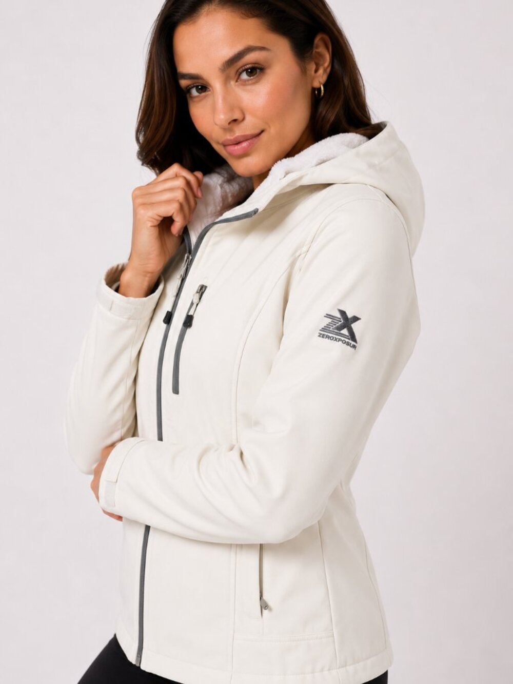 ZeroXposur Women’s White Softshell Hooded Jacket Fleece Lined Size S